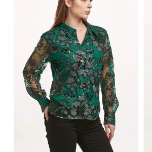 Dear John Gaia Emerald Green and Black Floral Button Down Shirt with sequins EUC